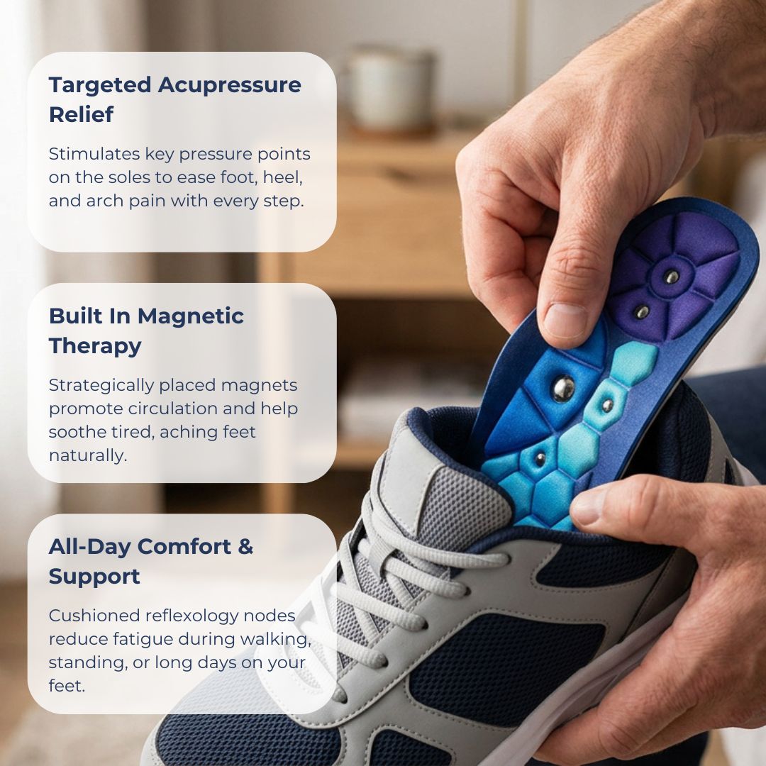 A close-up of a person holding an acupressure and magnetic foot insert over a gray and navy athletic shoe, with three text callouts explaining targeted acupressure relief, built-in magnetic therapy, and all-day comfort support.