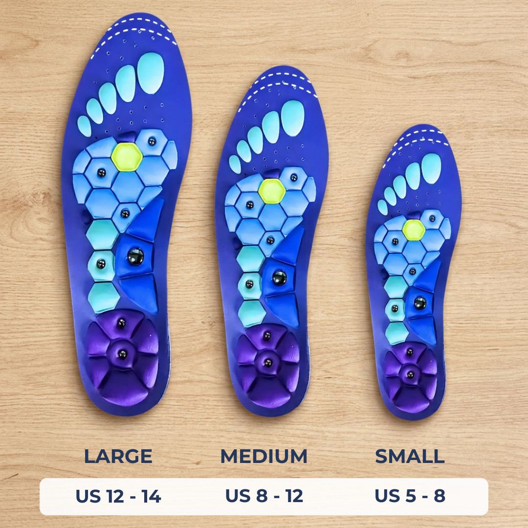 Three blue and purple foot-shaped insoles shown in different sizes on a light wood background, labeled Large (US 12-14), Medium (US 8-12), and Small (US 5-8).