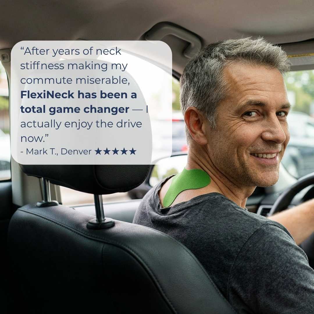 A man driving a car wearing a green FlexiNeck shoulder support pad, with a white customer review text box overlaid on the left side.