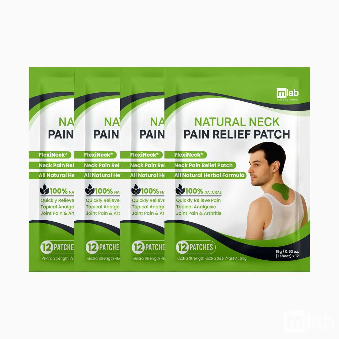 Four packets of mlab Natural Neck Pain Relief Patches arranged in a row on a white background, with a man shown on the front packet demonstrating neck pain relief.