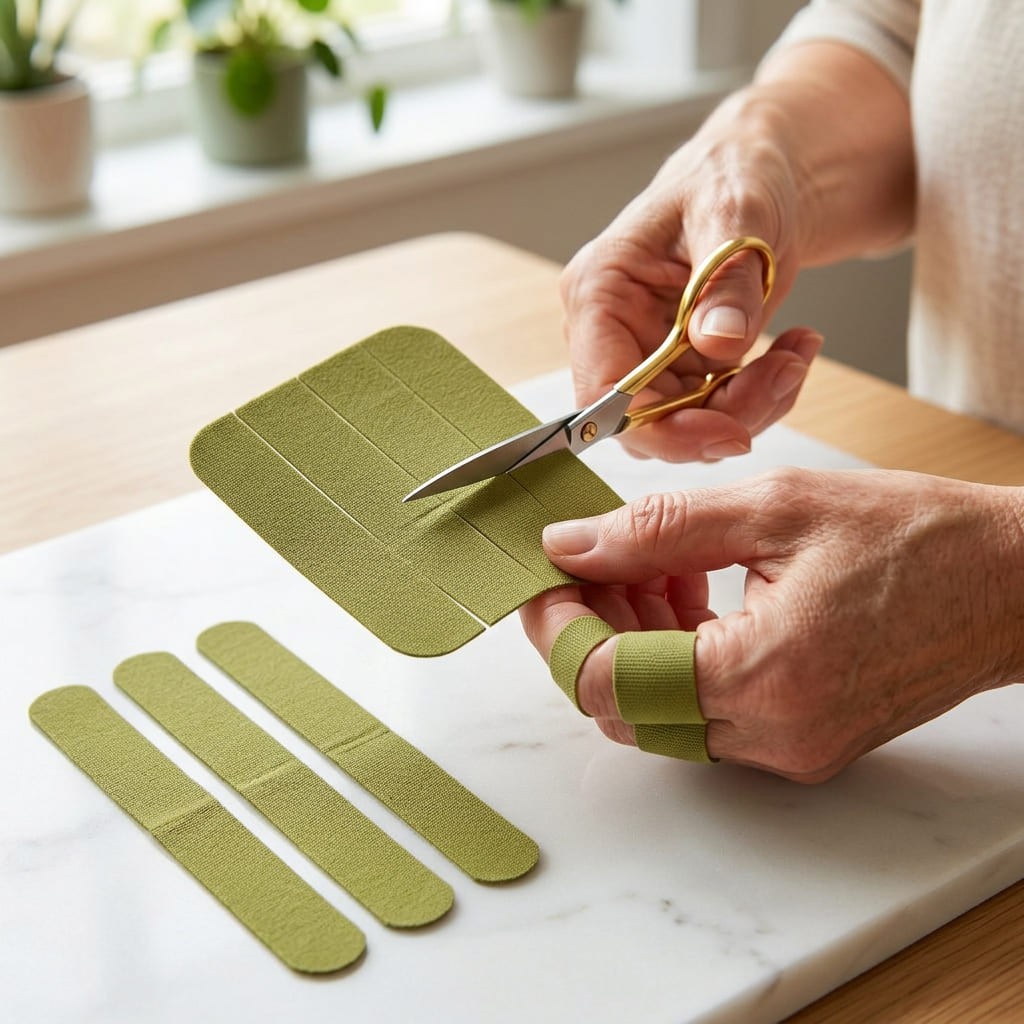 Person cutting green paper strips with scissors on a marble surface.