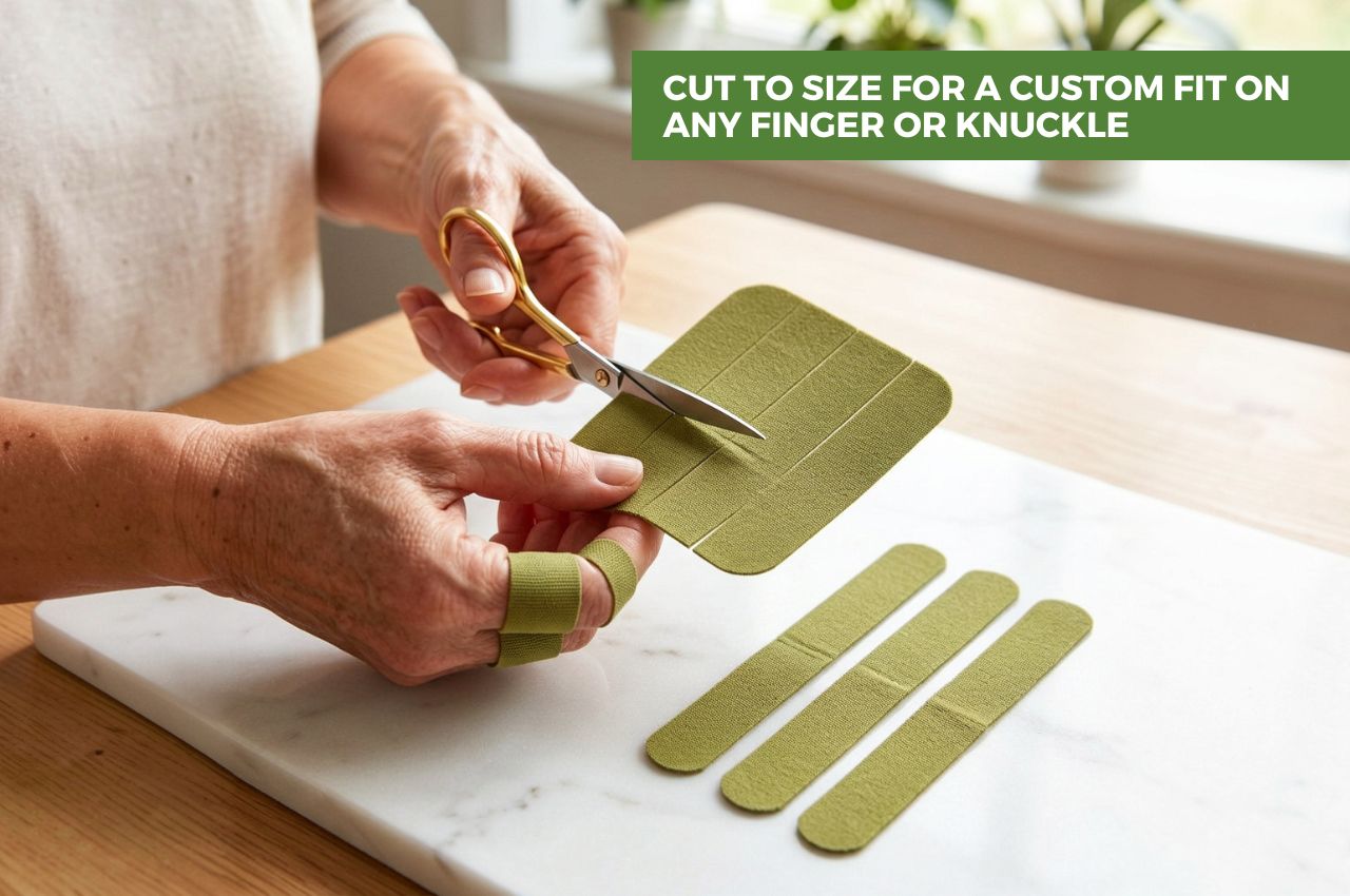 A person using gold-handled scissors to cut an olive green adhesive strip to size on a white cutting board, with three additional strips and a green text overlay that reads 'CUT TO SIZE FOR A CUSTOM FIT ON ANY FINGER OR KNUCKLE'.