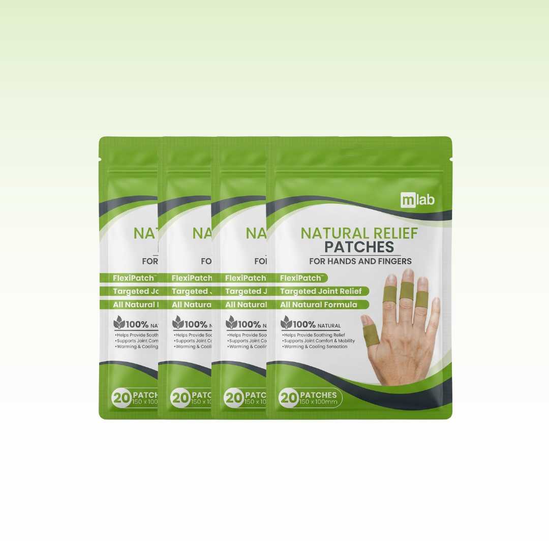 Packaging of Natural Relief Patches for hands and fingers with green and white design.