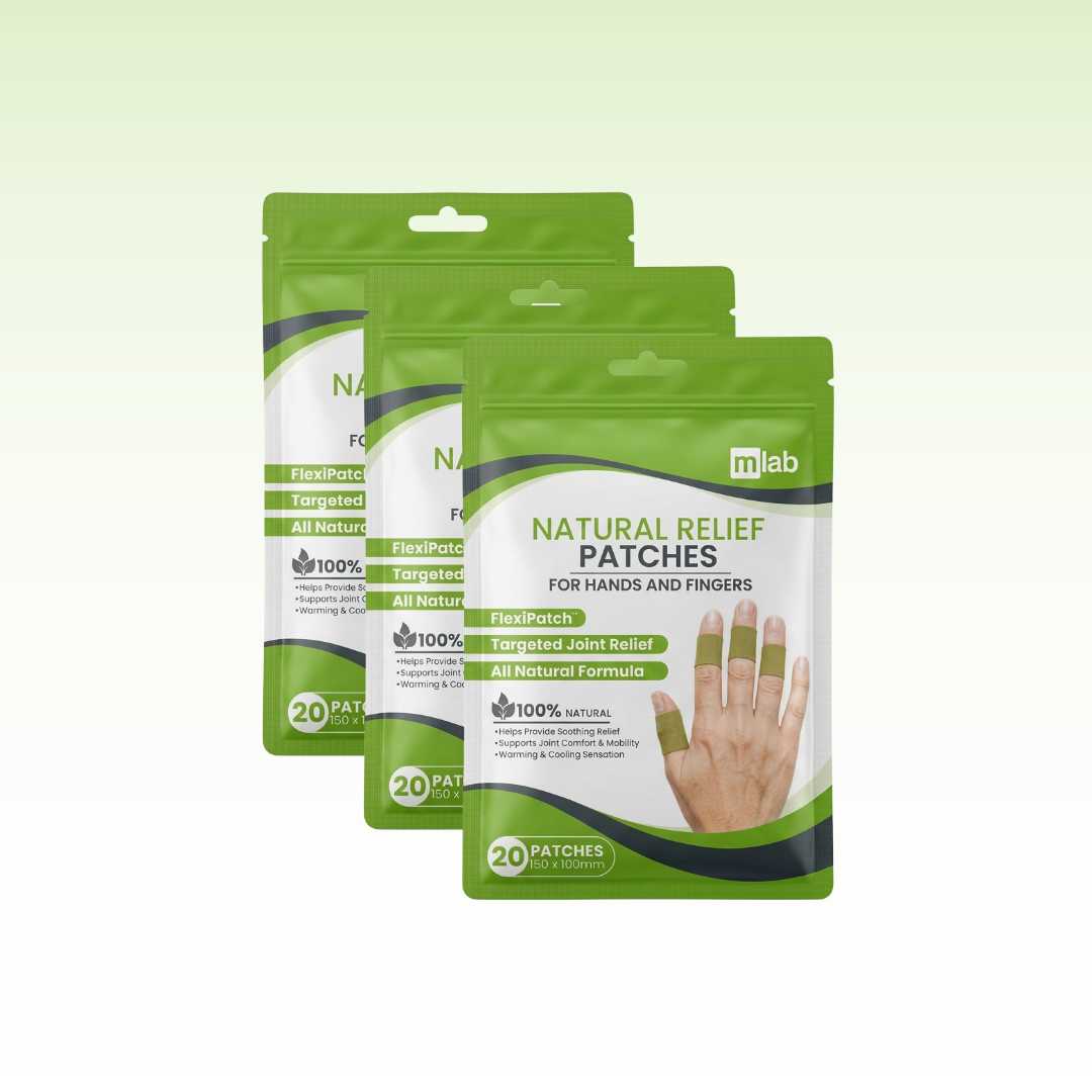 Three packages of mjlab Natural Relief Patches on a white background