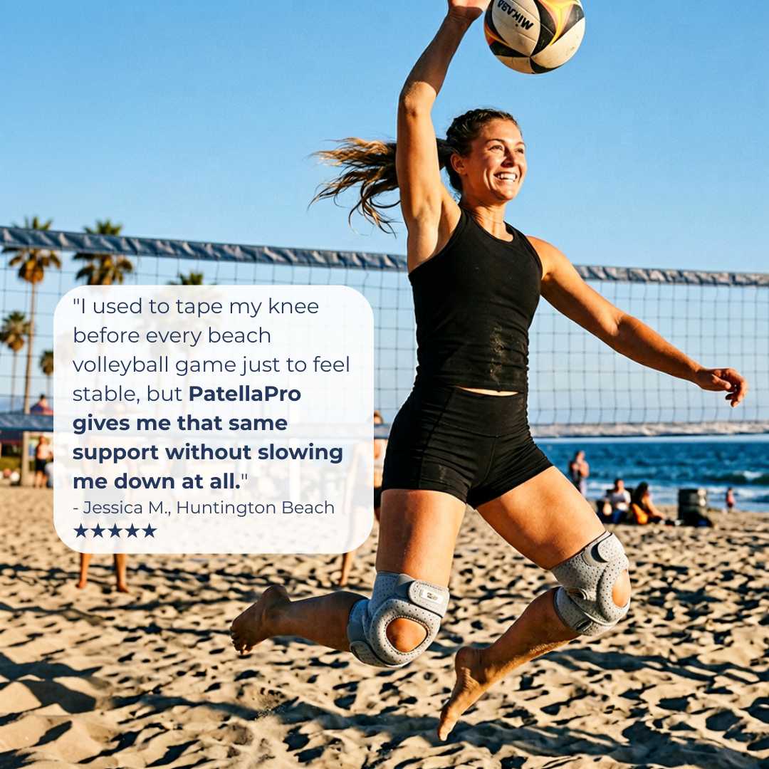 A woman playing volleyball on a sandy beach, wearing a black athletic tank top and shorts with knee pads and a PatellaPro knee tape product applied to her knee. A white review bubble with text is overlaid on the left side of the image.