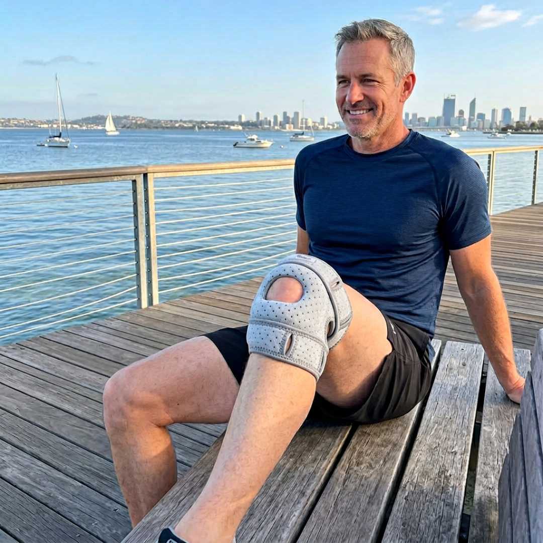 a man wearing patellapro while sitting on a bench at a baywalk