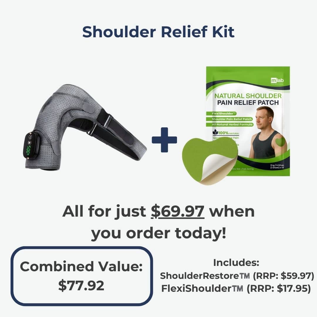 Shoulder relief kit with shoulder brace and pain relief patch on a white background