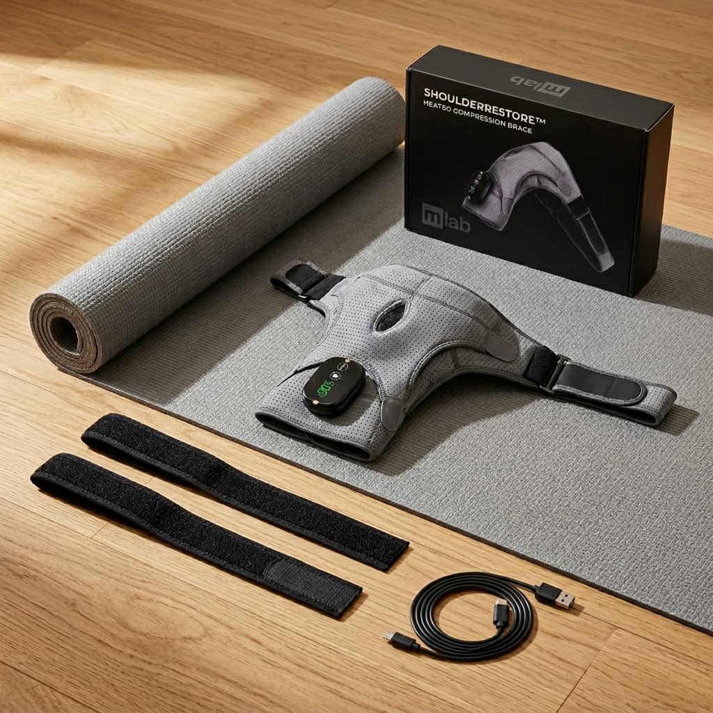 Shoulder brace with packaging, cable, and straps on a wooden surface