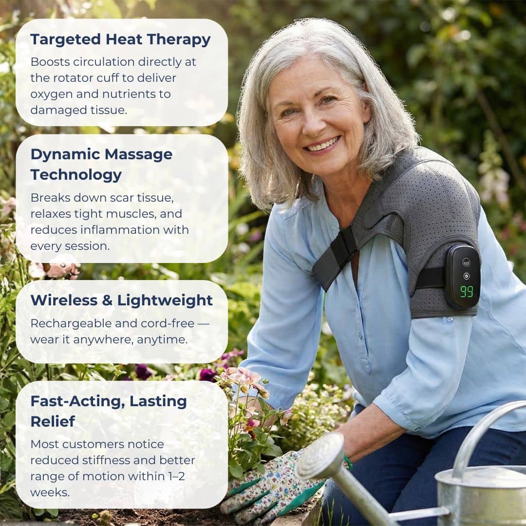 Woman using a shoulder device outdoors with product features highlighted