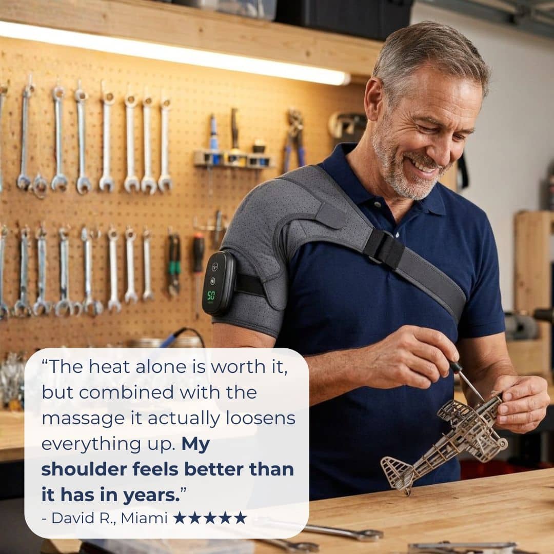 Man using a shoulder massager in a workshop with tools on the wall.
