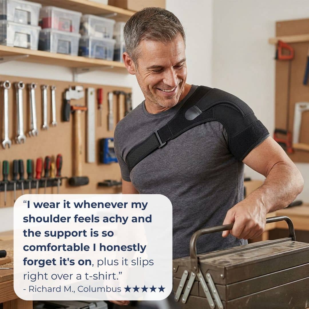 Man using a shoulder brace in a workshop with a product review quote.