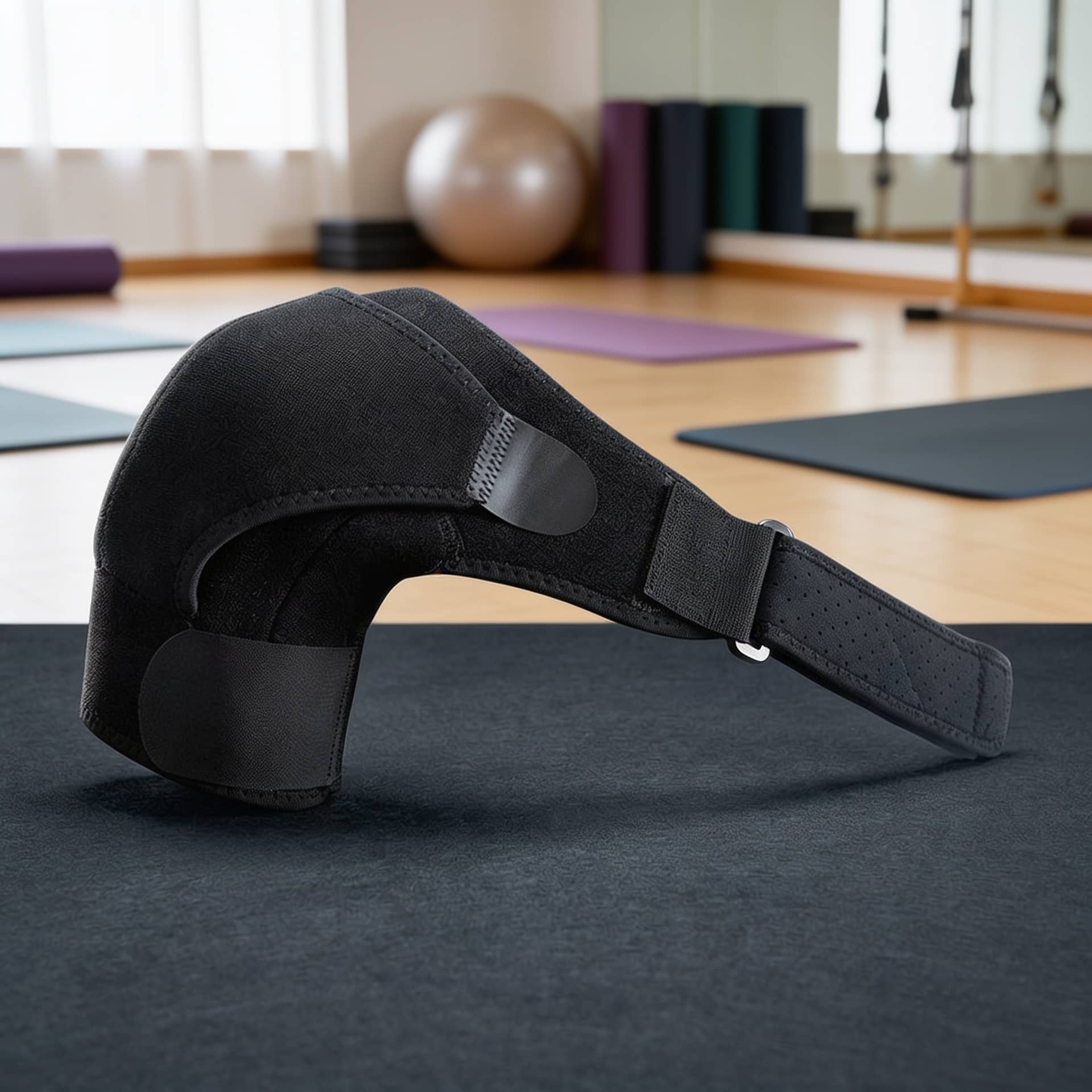 Black shoulder support brace on a yoga mat in a gym setting