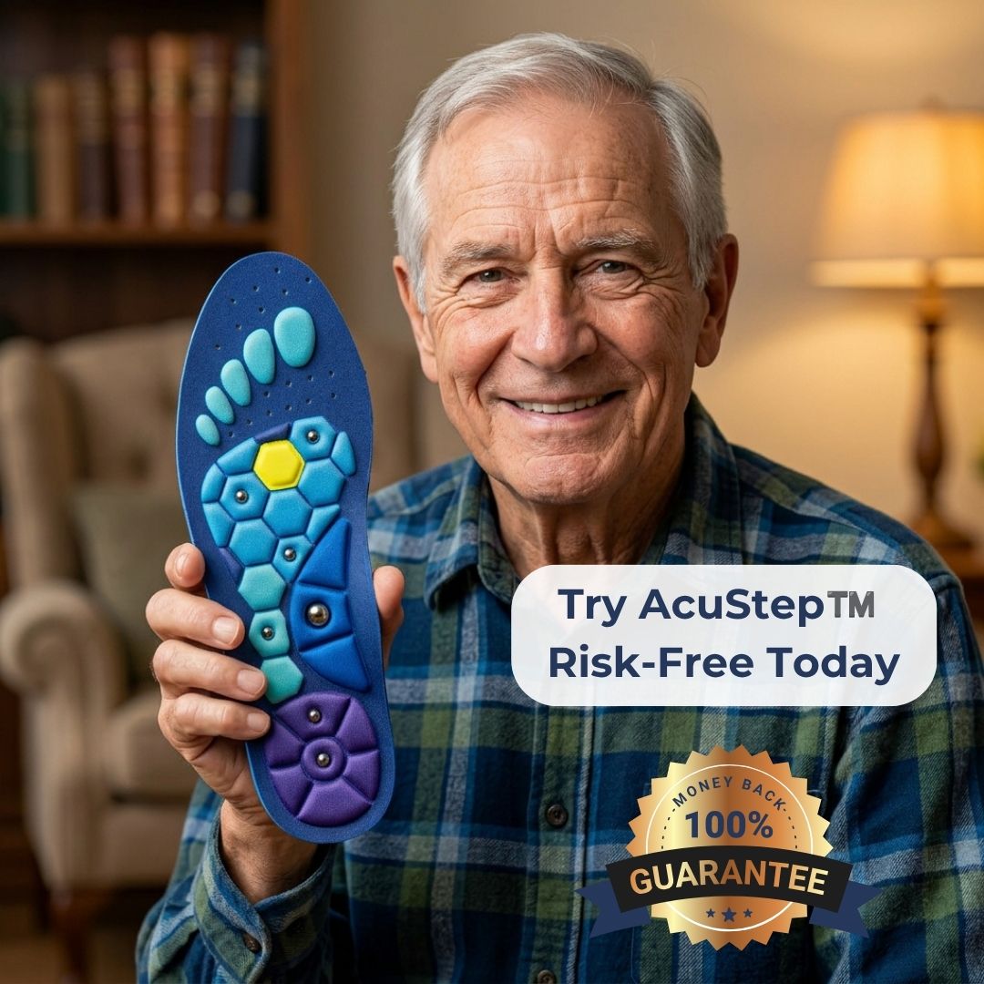 An older man smiling while holding up a blue and purple AcuStep heel pain relief insole. The background shows a cozy, warm-toned living room with a bookshelf and lamp.