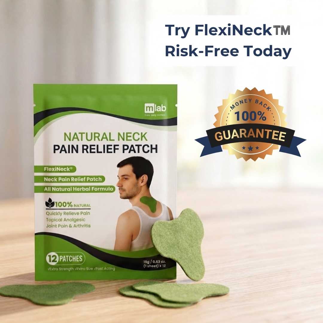 A package of FlexiNeck Natural Neck Pain Relief Patches shown on a light wood surface with several green patch-shaped pieces in front. The package is green and white with an illustration of a man wearing a neck patch.