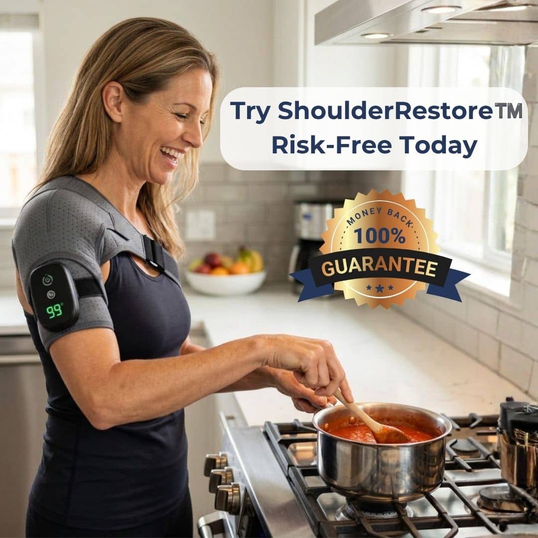 Woman using an arm brace in a kitchen with promotional text overlay.