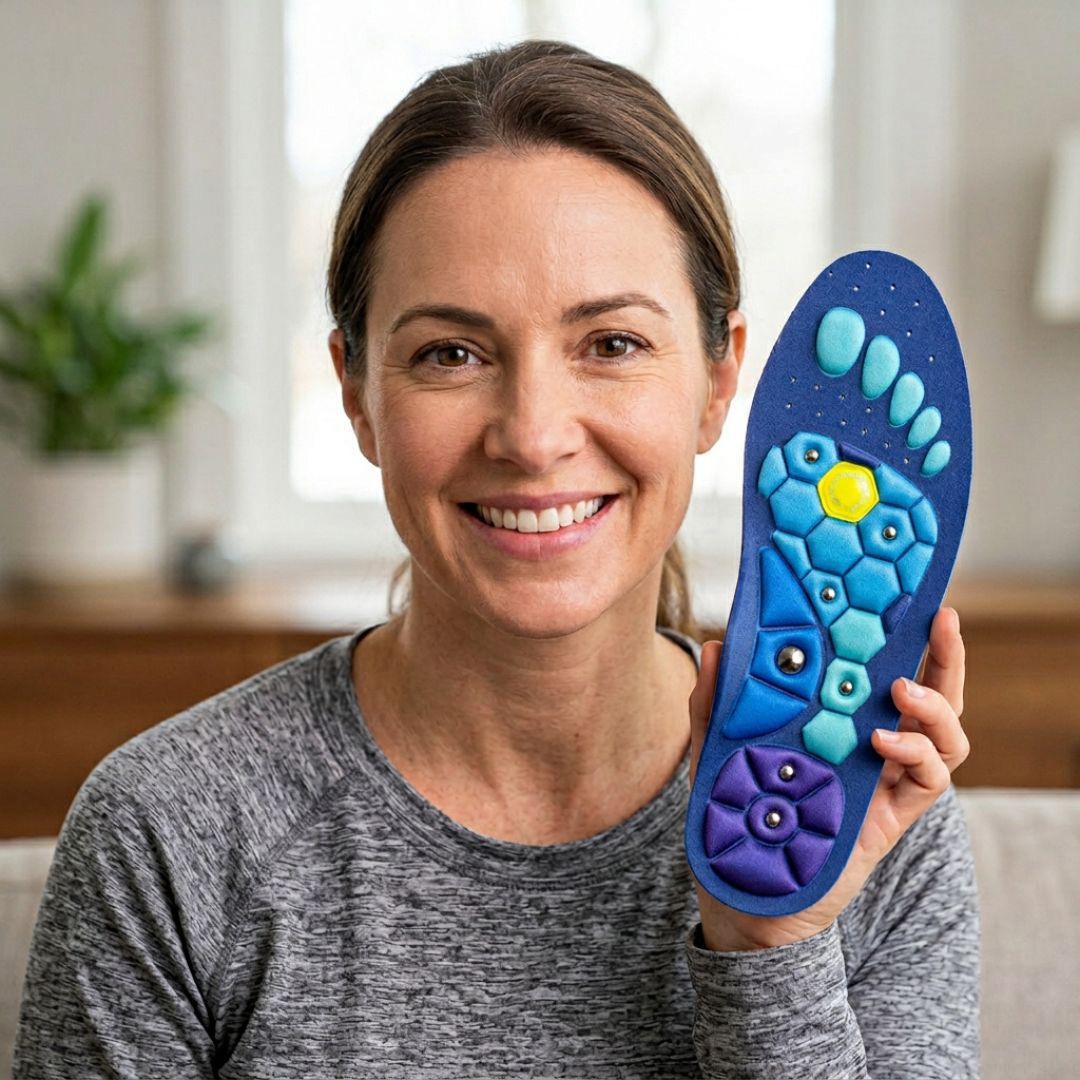 A smiling woman holds up a blue foot massage or orthopedic insole with raised textured zones in shades of blue, purple, and a small yellow accent, against a softly blurred indoor background.
