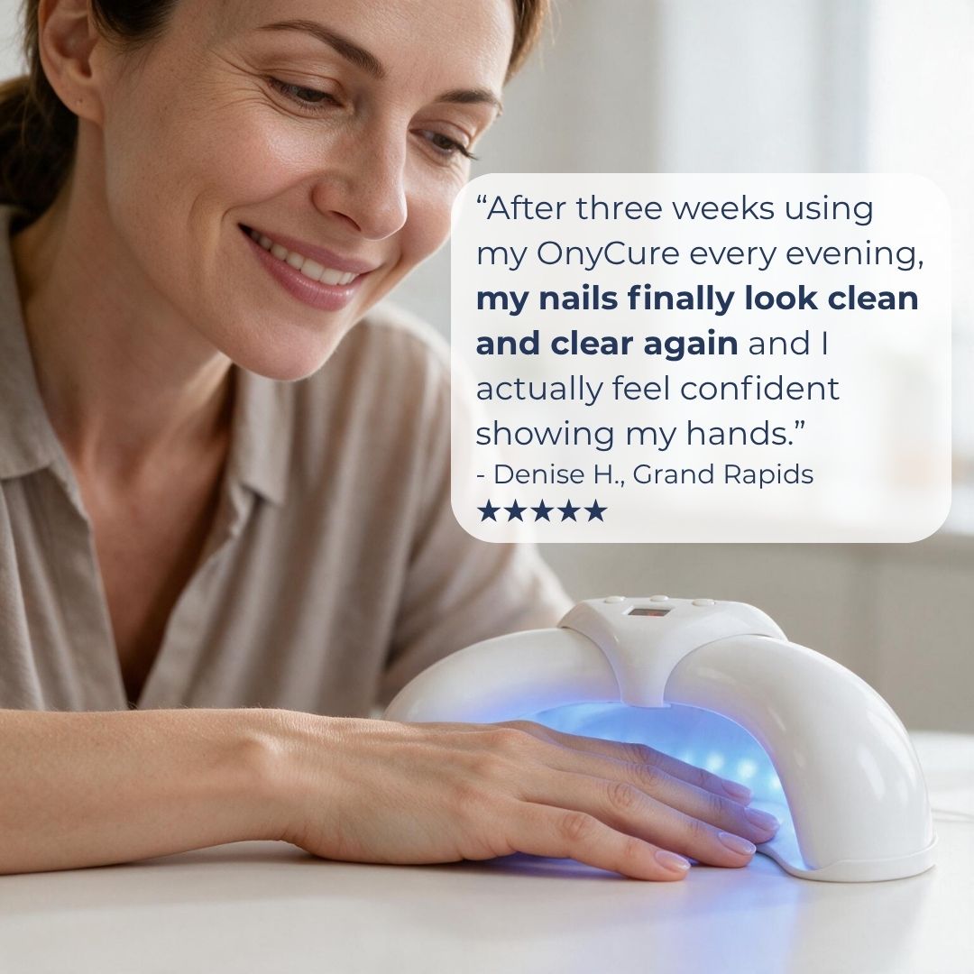 A woman smiling while using a white OnYCure UV nail lamp on a white desk, with a customer testimonial text bubble overlaid on the top right.