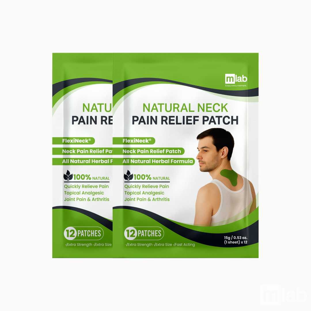 Two packages of mLab Natural Neck Pain Relief Patches shown side by side on a plain white background. The packaging is green and white with black text and a graphic of a man showing neck pain relief.