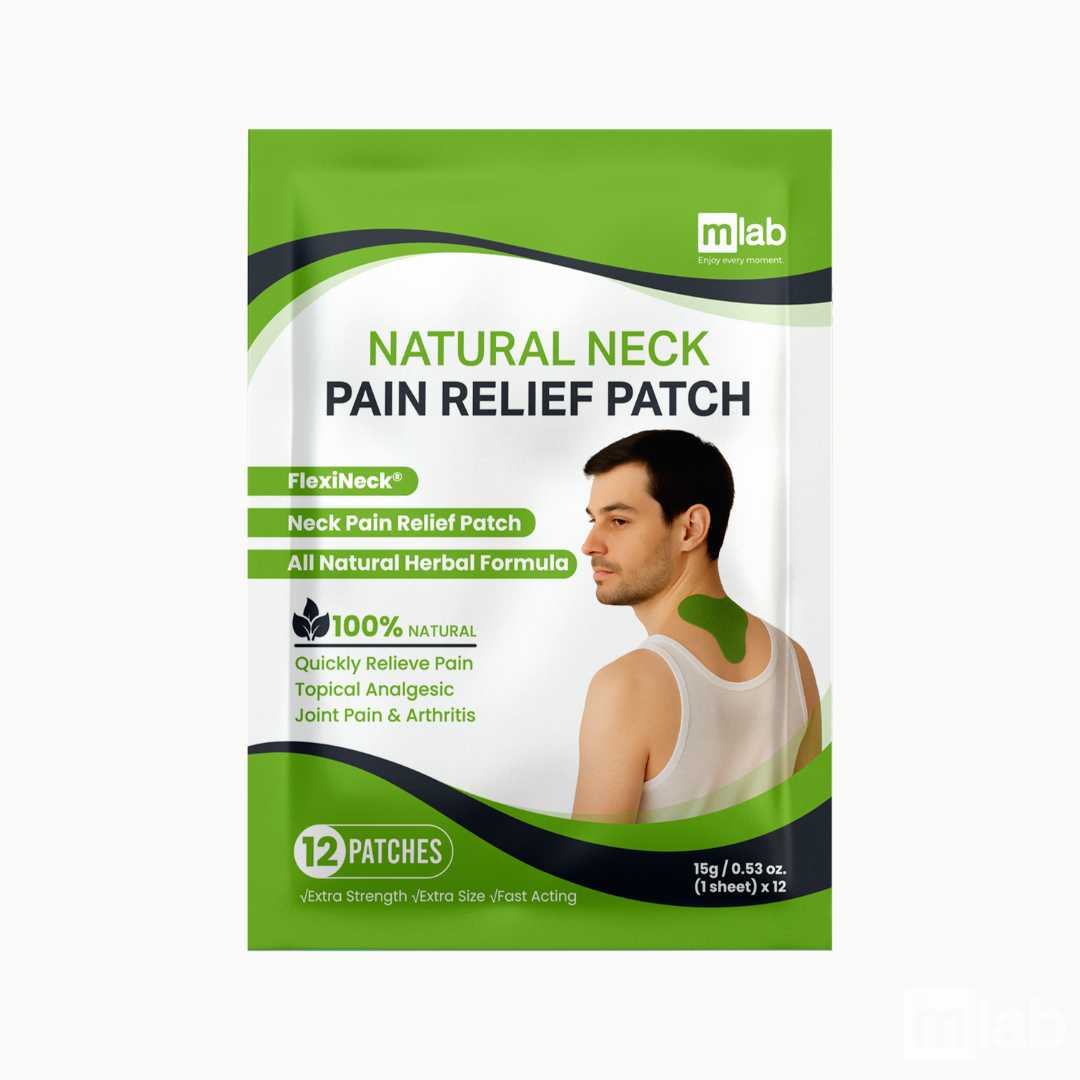 A package of mlab FlexiNeck Natural Neck Pain Relief Patches, featuring a green and white design with an illustration of a man showing a green patch on his neck.