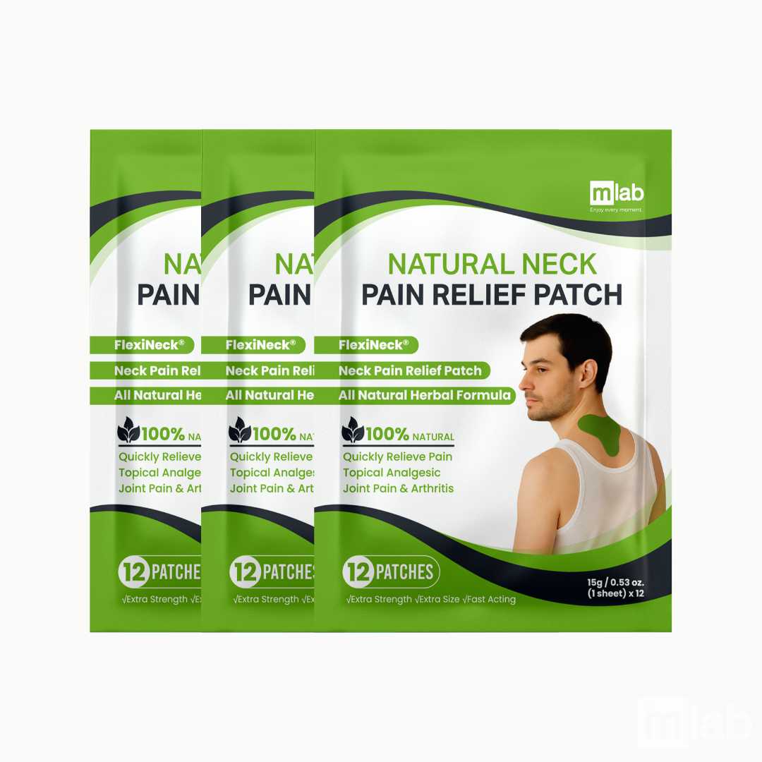 Three packs of FlexiNeck Natural Neck Pain Relief Patches shown side-by-side on a light gray background. The packaging is green and white with black text, featuring a graphic of a man wearing a neck patch and a green patch illustration.
