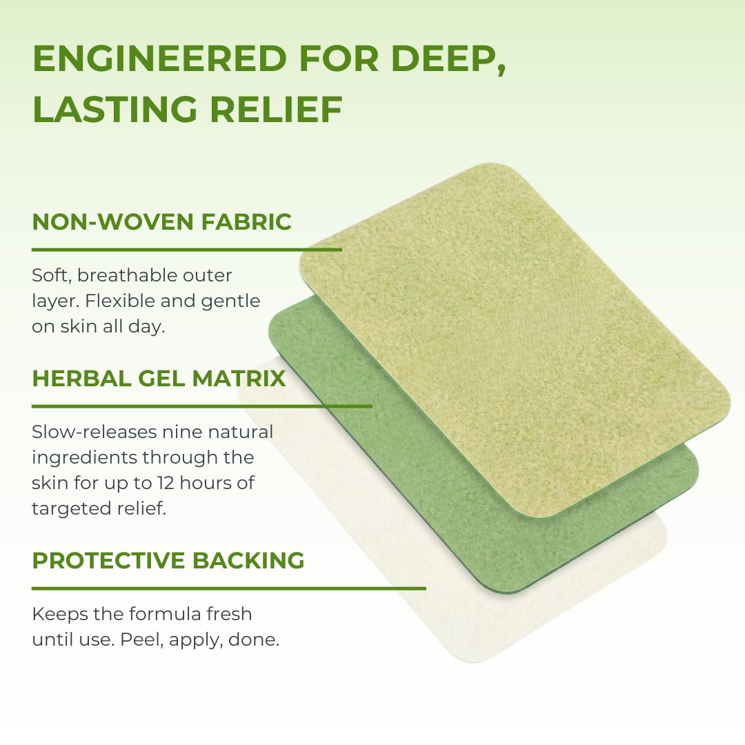 Three layers of a product with text describing its features on a light green background