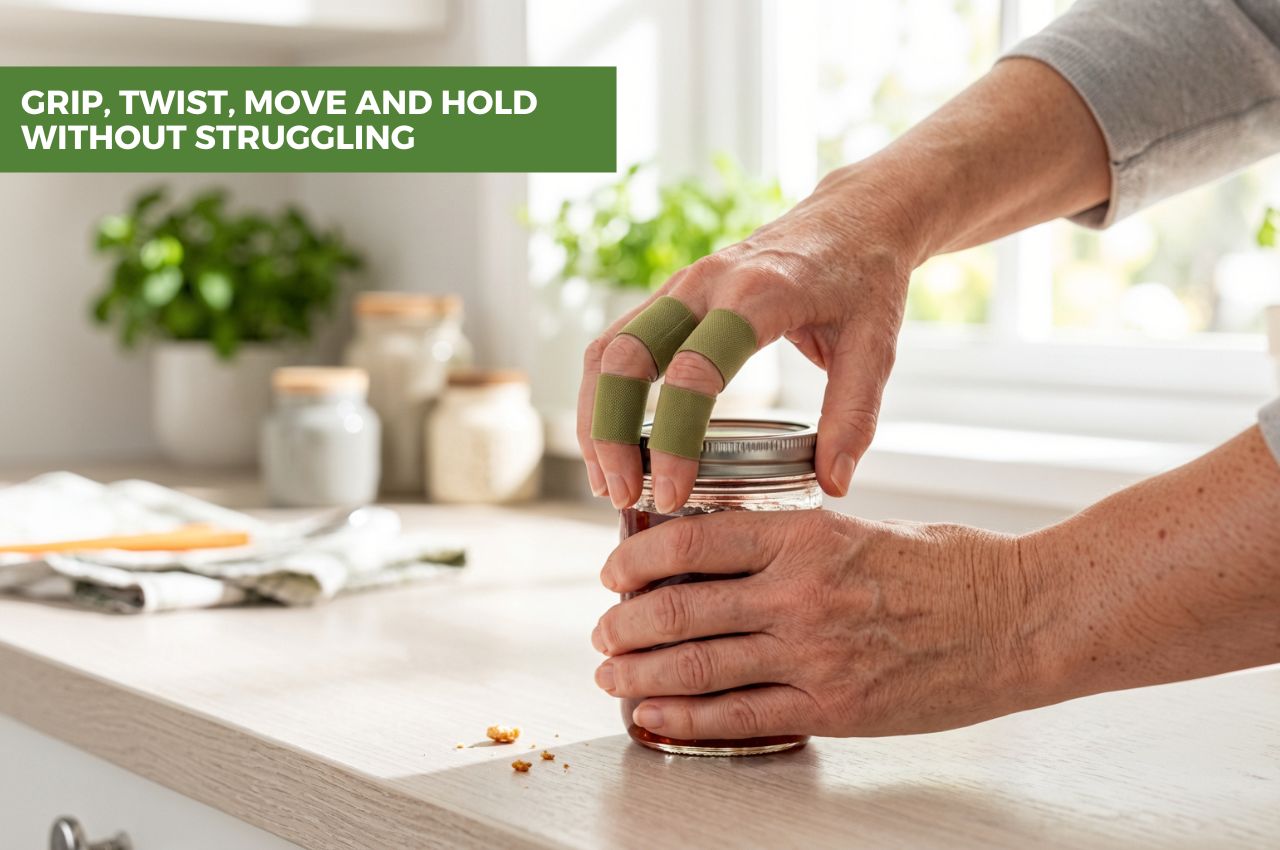 A person's hands using a green finger wrap to open a glass jar on a kitchen counter, with a green text banner in the top left reading 'GRIP, TWIST, MOVE AND HOLD WITHOUT STRUGGLING'.