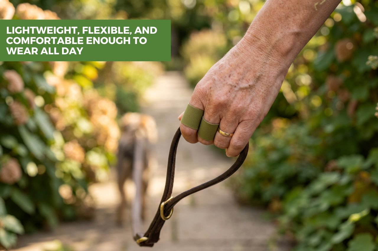 A close-up of a person's hand wearing olive green finger protectors and holding a dark brown dog leash with gold-tone hardware, with a dog blurred in a garden path in the background. A green text banner at the top left reads: 'LIGHTWEIGHT, FLEXIBLE, AND COMFORTABLE ENOUGH TO WEAR ALL DAY'.