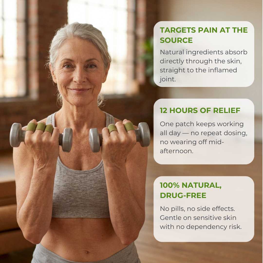 Woman exercising with dumbbells in a home setting, with text about FlexiPatches benefits.