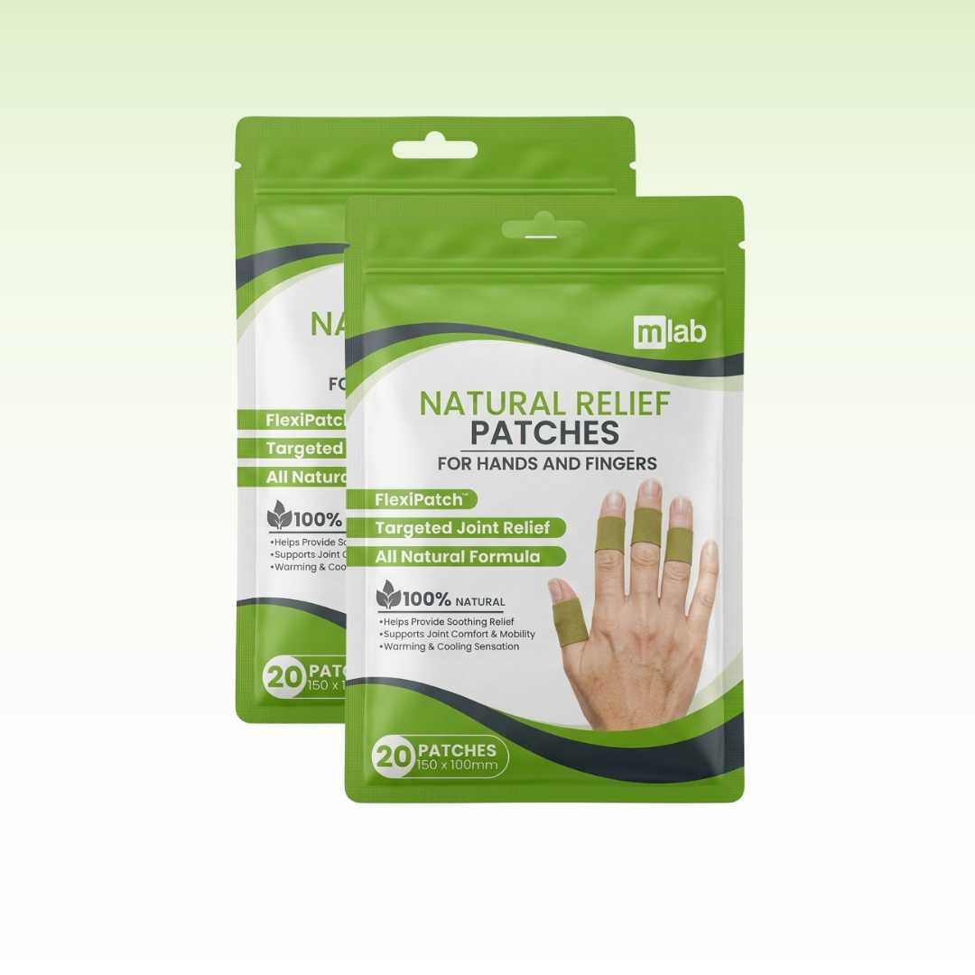 Two packages of Natural Relief Patches for hands and fingers on a light green background
