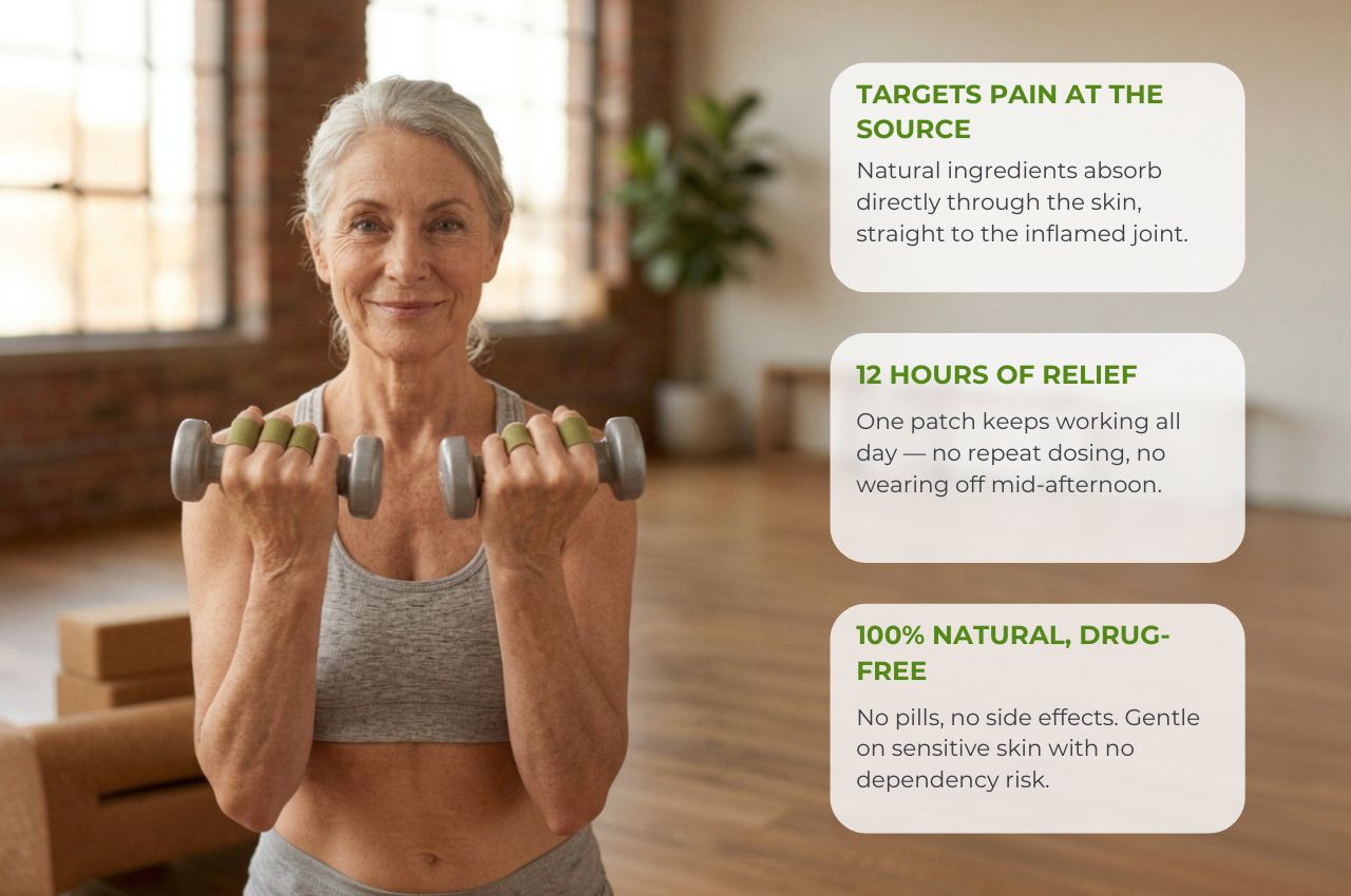 A smiling older woman holding dumbbells in a bright indoor setting, with three white text boxes on the right describing product benefits: targets pain at the source, 12 hours of relief, and 100% natural and drug-free.