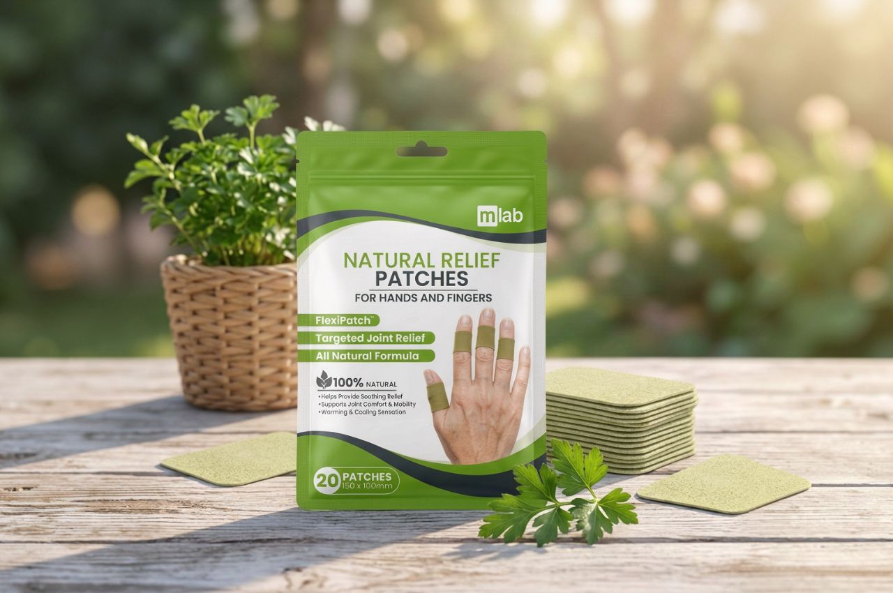 A stand-up pouch of natural relief patches for hands and fingers sits on a wooden table outdoors, with a stack of square patches, a small plant in a basket, and a sprig of herbs against a blurred garden background.
