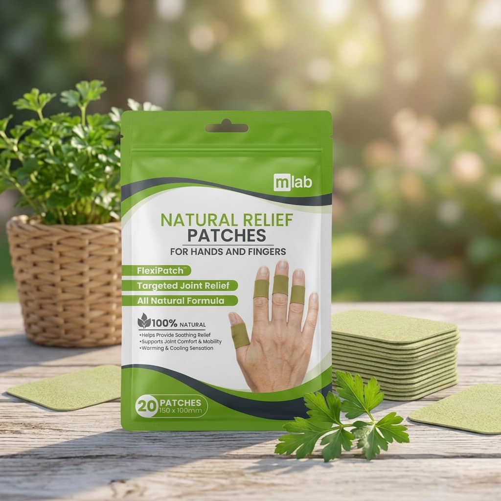 Package of natural relief patches for hands and fingers with a garden background