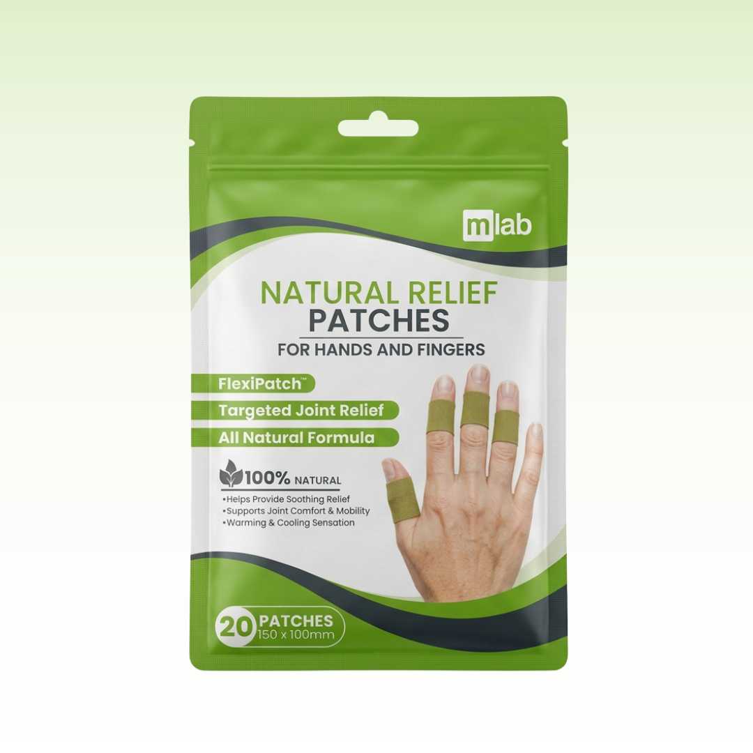 Package of natural relief patches for hands and fingers with green and white design.
