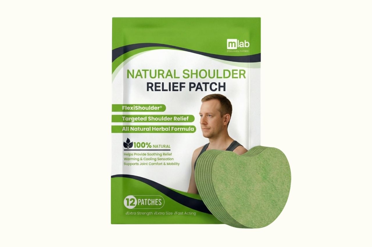 FlexiShoulder Natural Shoulder Relief Patch packaging with patches