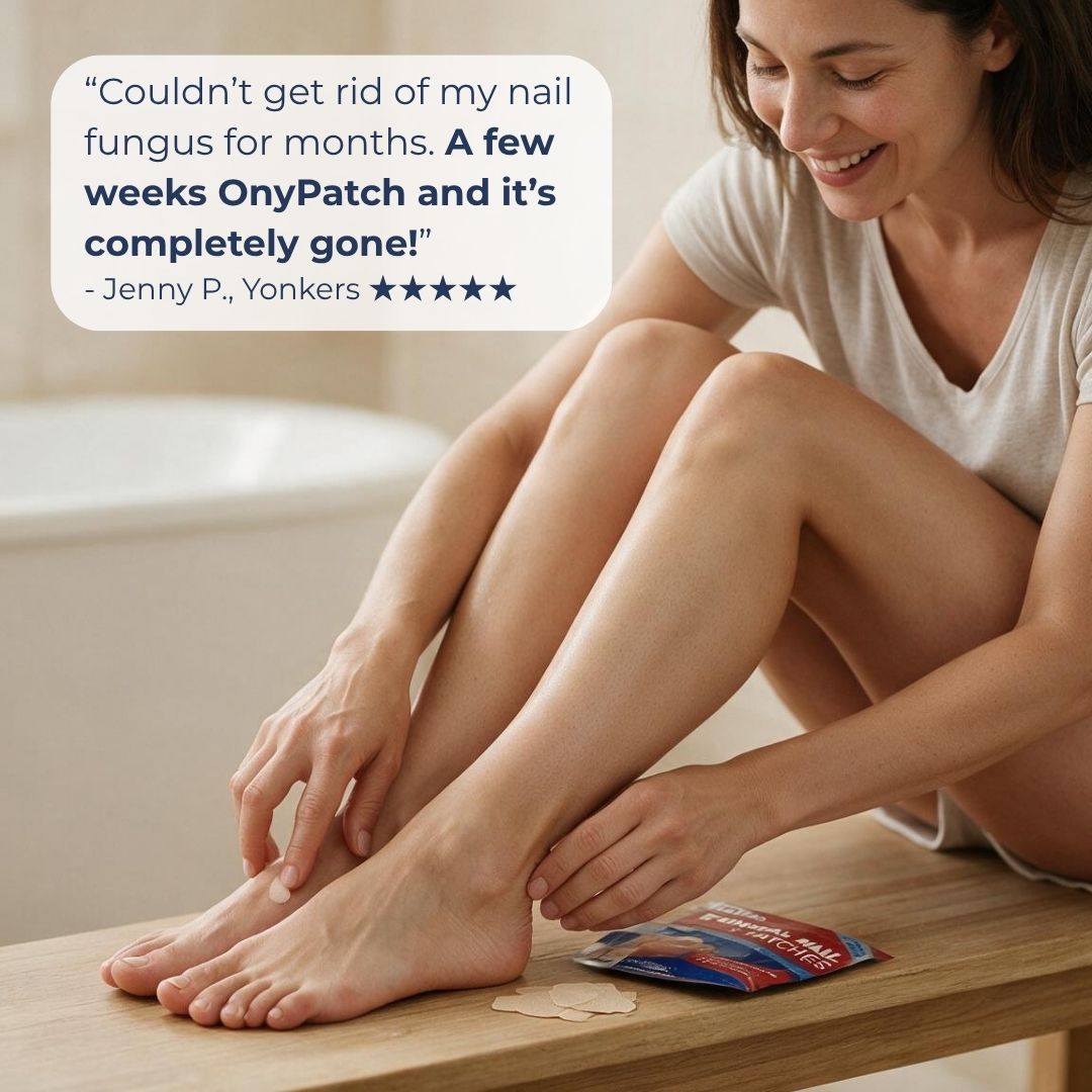 A woman sits on a wooden bench applying a nail patch to her foot in a bright bathroom setting. A product packet and several nail patches are visible on the bench, with a customer review bubble in the upper left corner.