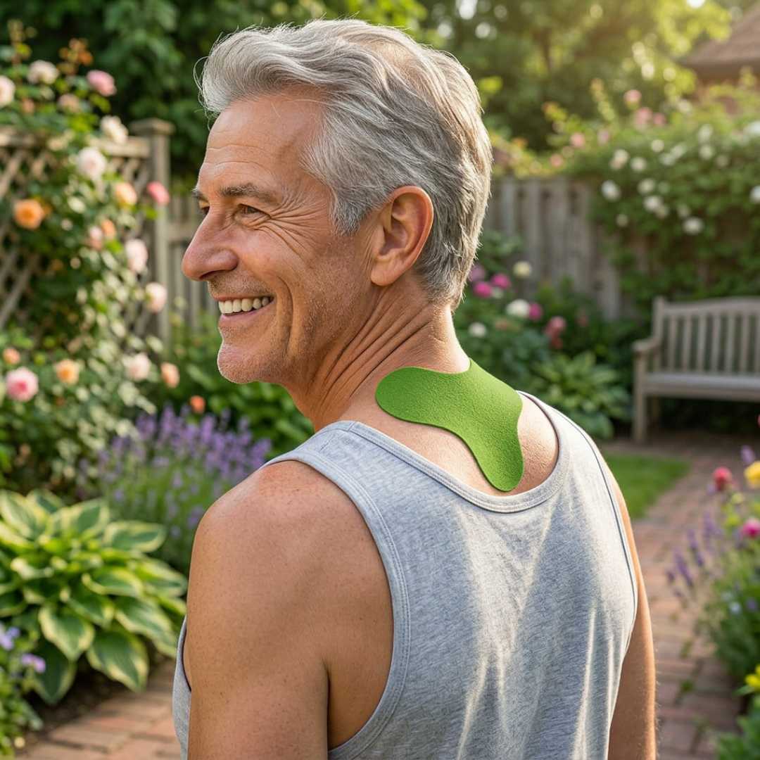 A smiling older man in a gray tank top stands in a garden, showing a green neck and shoulder support pad applied to the back of his neck.