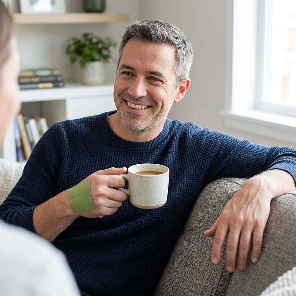 Man sitting on a couch holding a mug of coffee, smiling at someone off-camera.