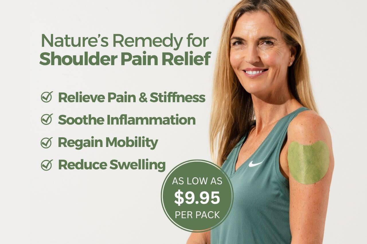 Woman with a green patch on her shoulder, promoting shoulder pain relief product.