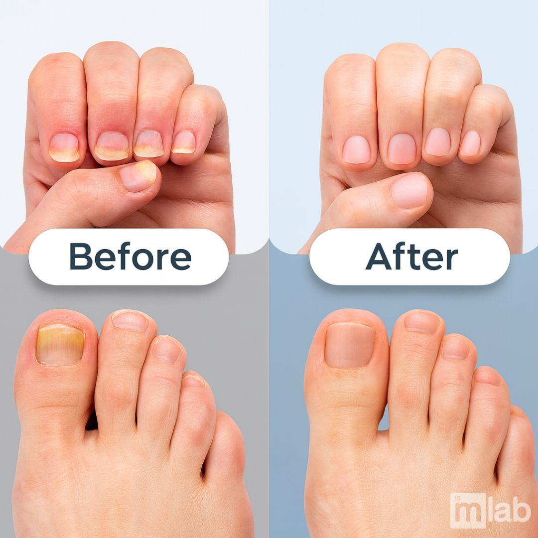 Before and after comparison of nail and foot care with 'mLab' branding.