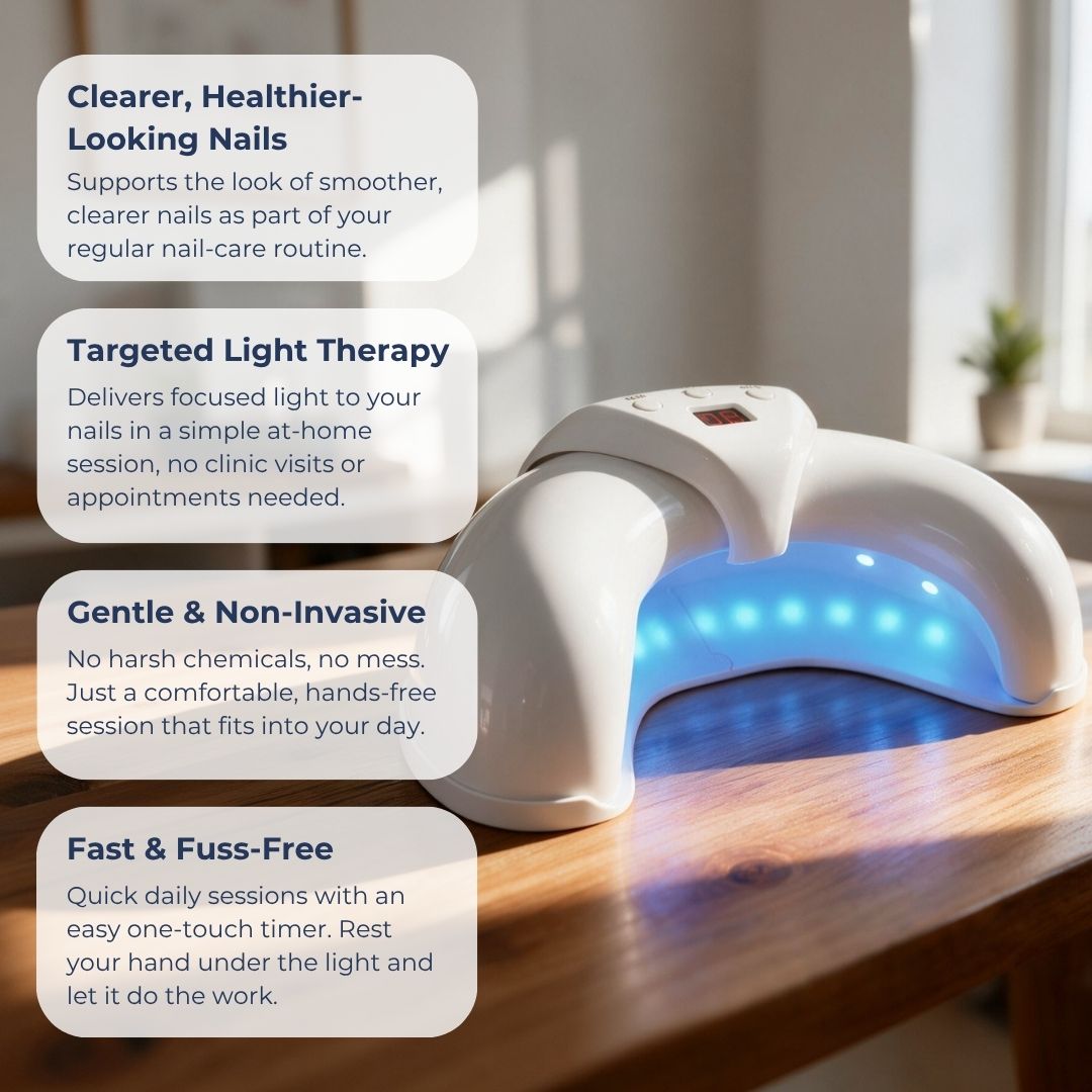 A white LED nail treatment device glowing blue on a wooden table, with four text callouts describing benefits like clearer healthier-looking nails, targeted light therapy, gentle and non-invasive use, and fast fuss-free daily sessions.