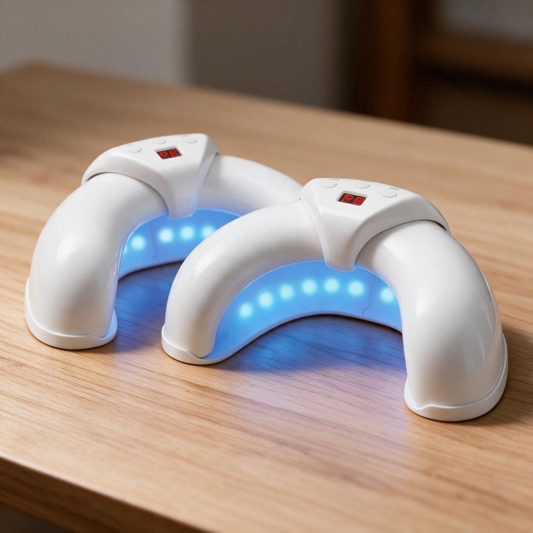 Two white LED light therapy hand warmer devices glowing with blue light on a wooden table.