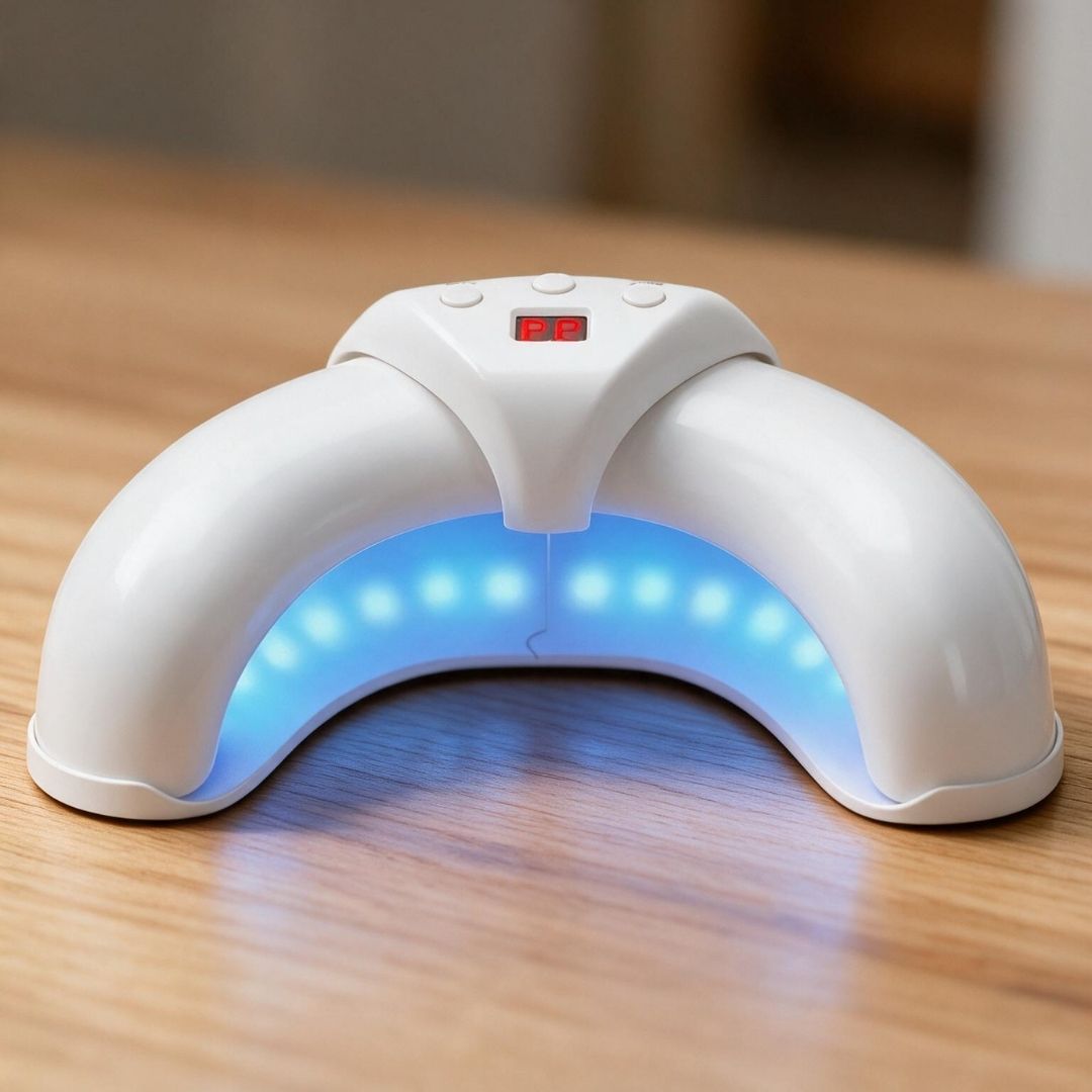 A white LED UV light therapy device with a digital timer display, sitting on a wooden tabletop with its blue LED lights illuminated.