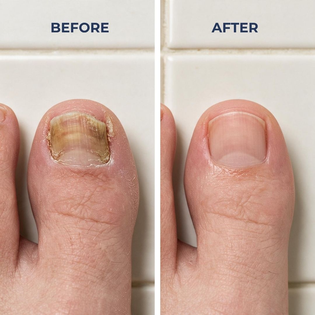 A side-by-side before and after comparison of a toenail treatment. The left 'BEFORE' image shows a close-up of a damaged, discolored toenail, while the right 'AFTER' image shows the same toenail appearing healthy and clear, set against a light tiled background.