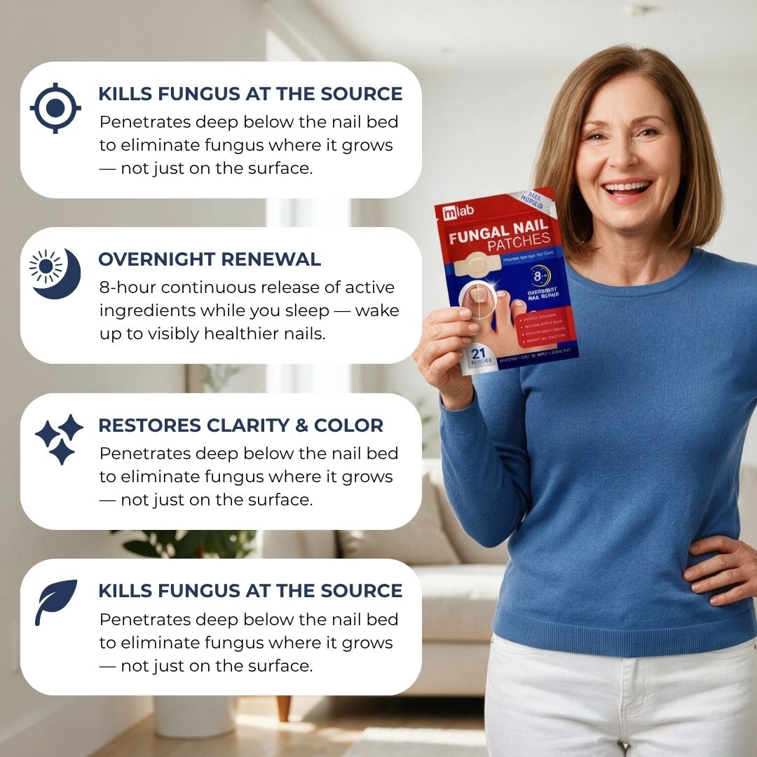 A smiling woman in a blue sweater and white pants holds a box of MDP fungal nail patches while four text callouts on the left explain benefits: kills fungus at the source, overnight renewal, restores clarity and color, and kills fungus at the source.
