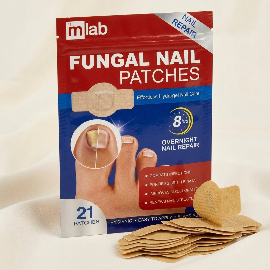 Packaging of fungal nail patches with visible patches on a beige background