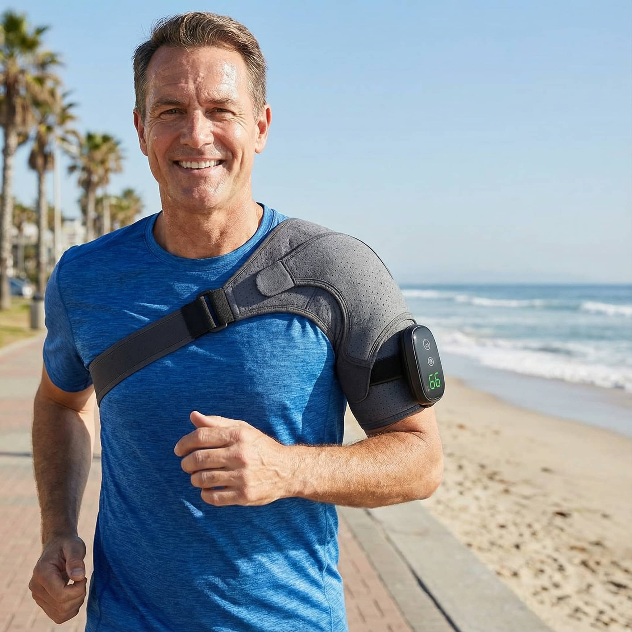 Man wearing a shoulder brace on a beach