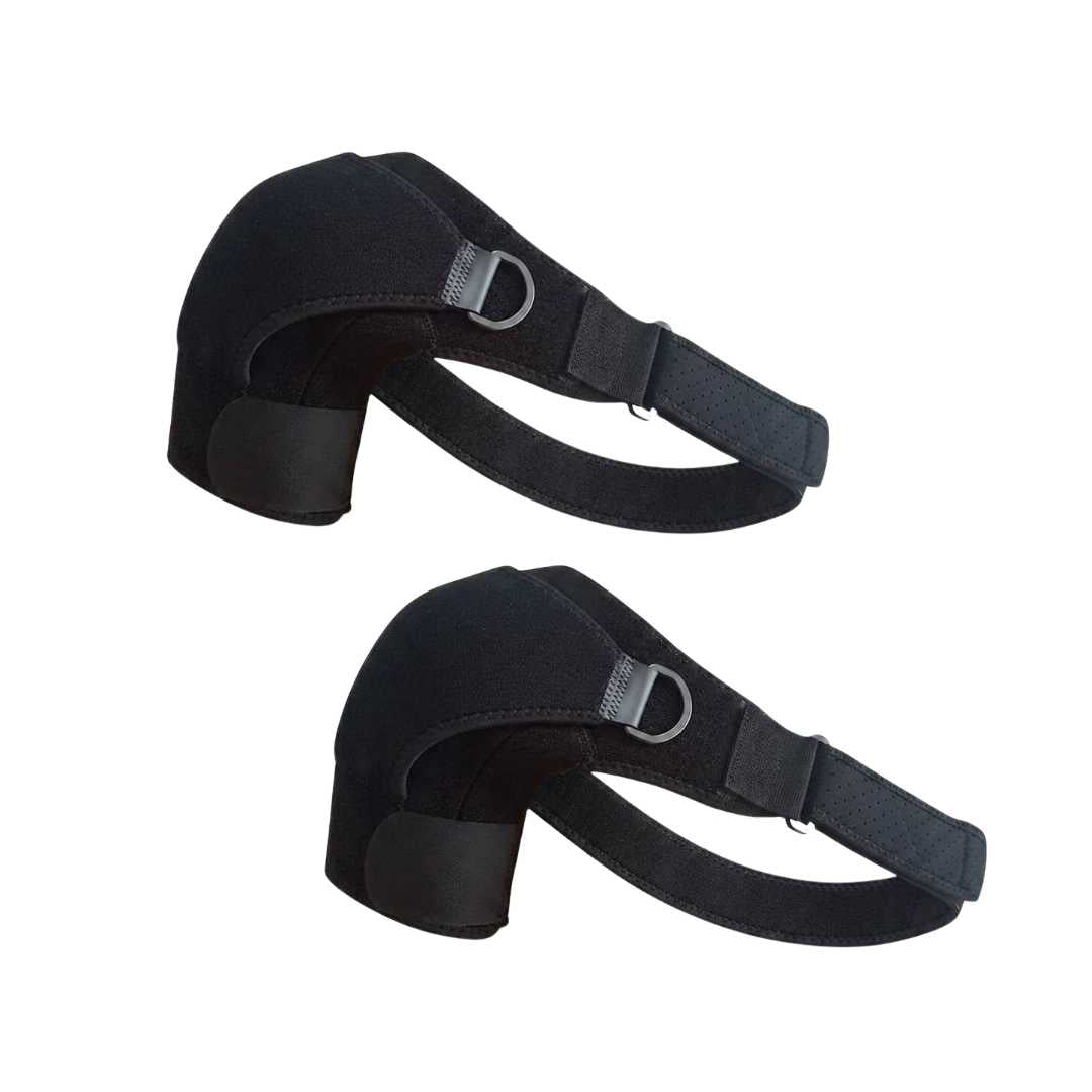 Two black shoulder support straps on a white background