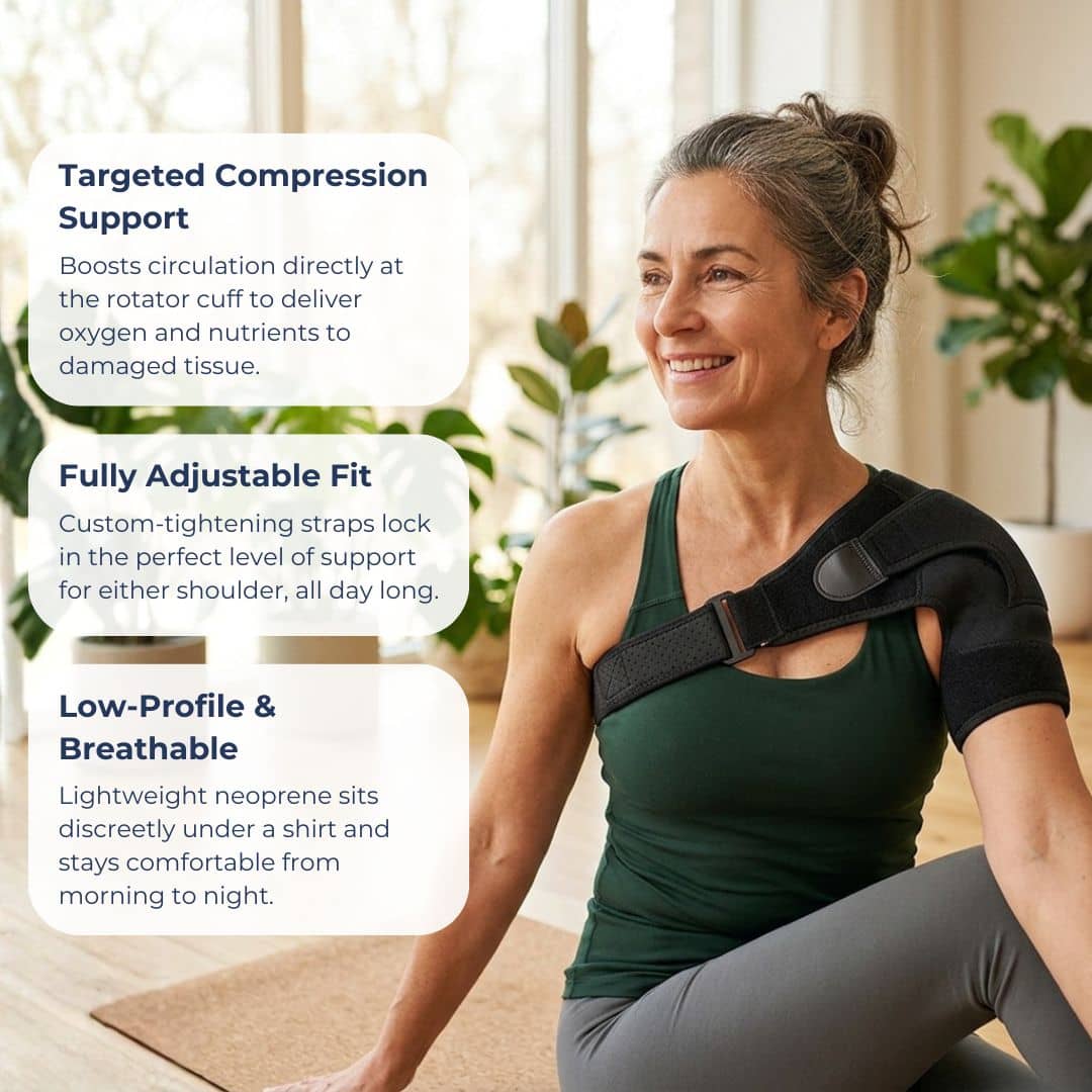 Woman wearing a shoulder brace with text highlighting features like targeted compression support, adjustable fit, and low-profile design.