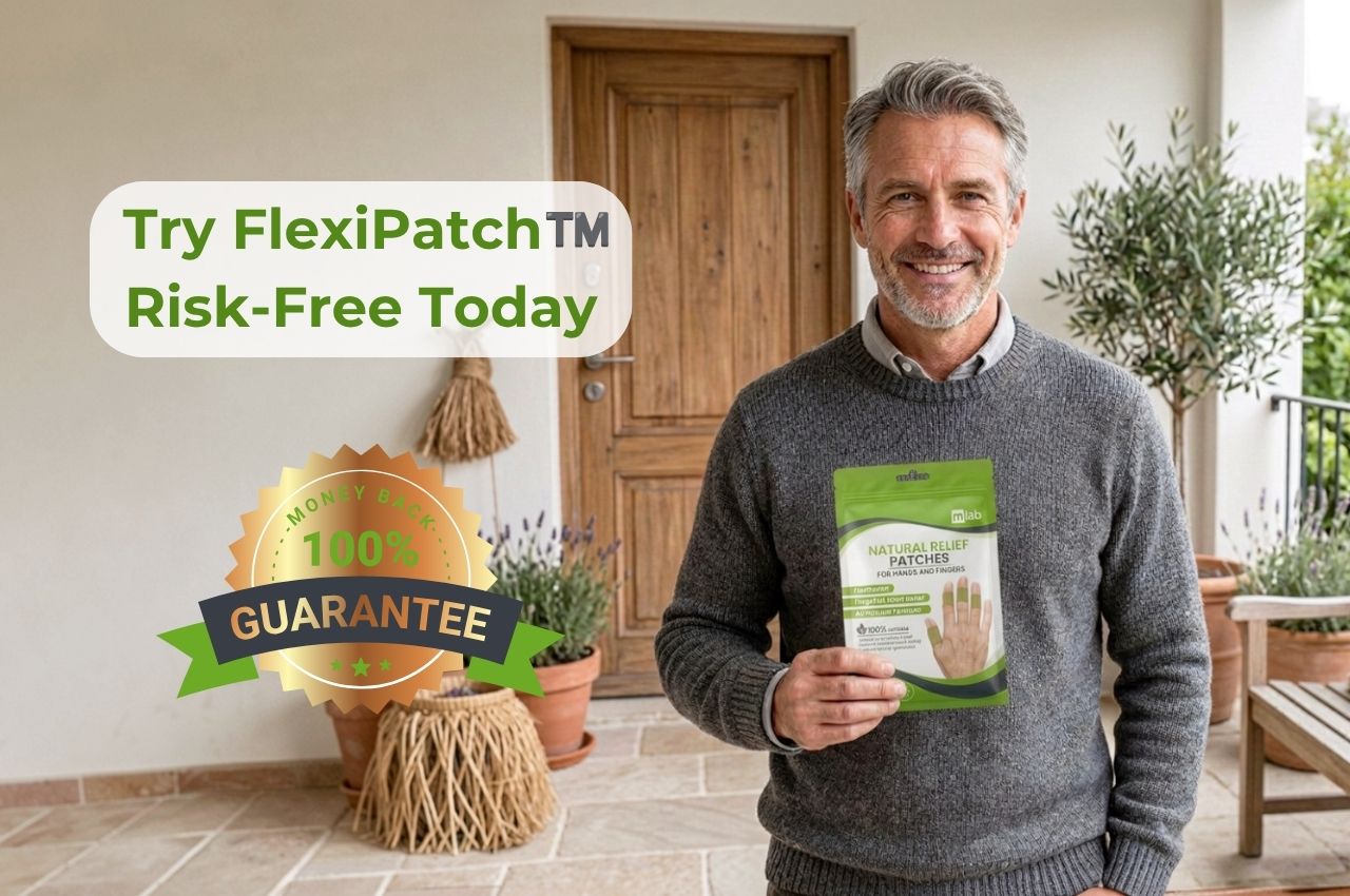 A smiling man in a gray sweater stands on a porch holding a package of FlexiPatch hand patches. Text overlays read 'Try FlexiPatch TM Risk-Free Today' and '100% GUARANTEE'.