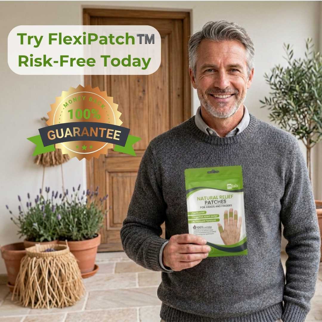Man holding a package of FlexiPatch with promotional text and guarantee badge in a home setting.